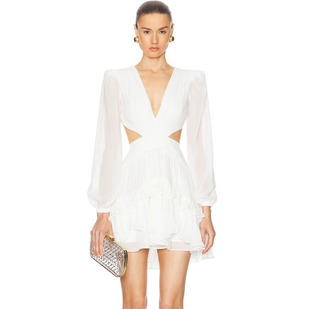 PatBO White Ruffled Tiered Long Sleeve Dress